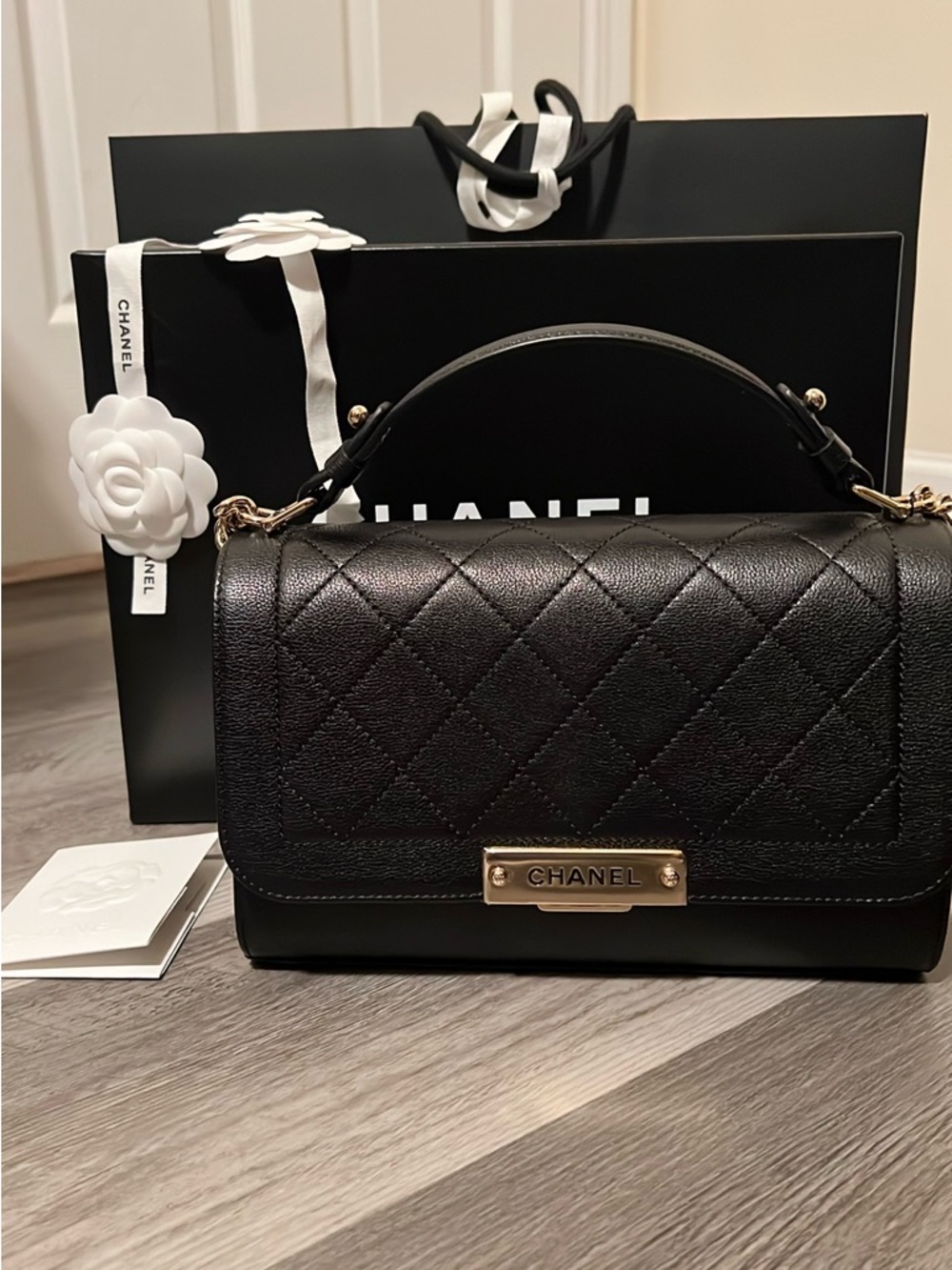 CHANEL TOP HANDLE LABEL FLAP BAG
